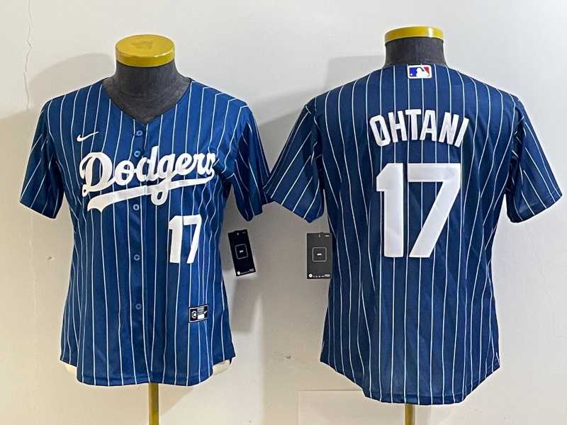 Womens Los Angeles Dodgers #17 Shohei Ohtani Number Red Navy Blue Pinstripe Stitched Cool Base Nike Jersey->mlb womens jerseys->MLB Jersey